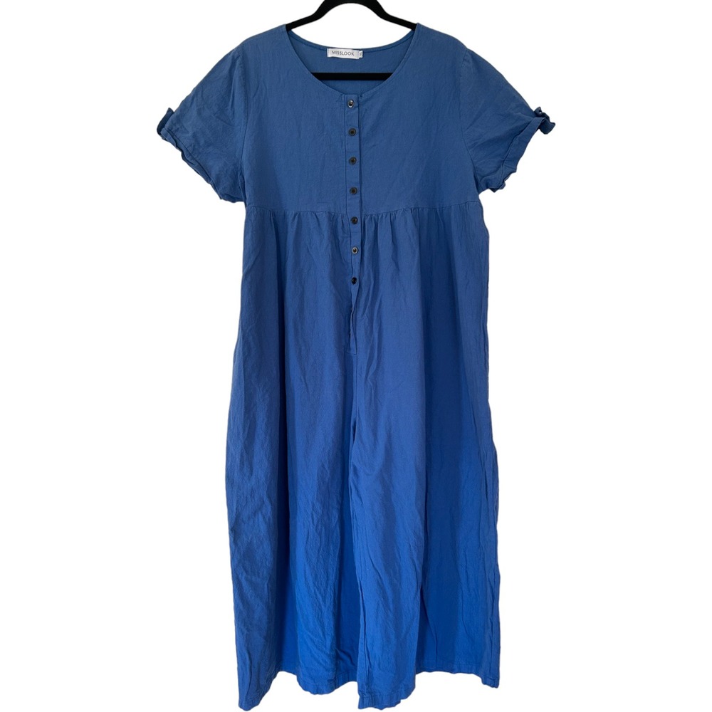 Misslook Womens 2XL Blue Button Front Short Sleeve Wide Leg Romper Jumpsuit